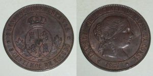 2841 5 CENTIMOS DE ESCUDO 1867 ISABEL II