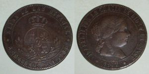 2842 5 CENTIMOS DE ESCUDO 1867 ISABEL II