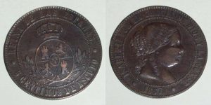 2843 5 CENTIMOS DE ESCUDO 1867 ISABEL II